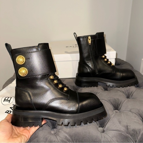 New Size 36.5 Balmain Calfskin Button Cuff Ranger Boots Black Gold - Picture 2 of 9